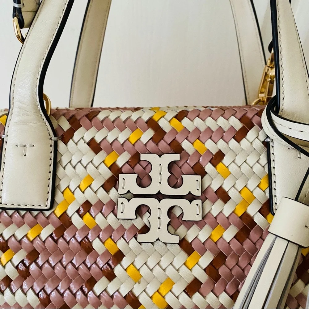 $595 Tory Burch Thea Woven Cream Pink Leather Tassels Crossbody Satchel Bag
